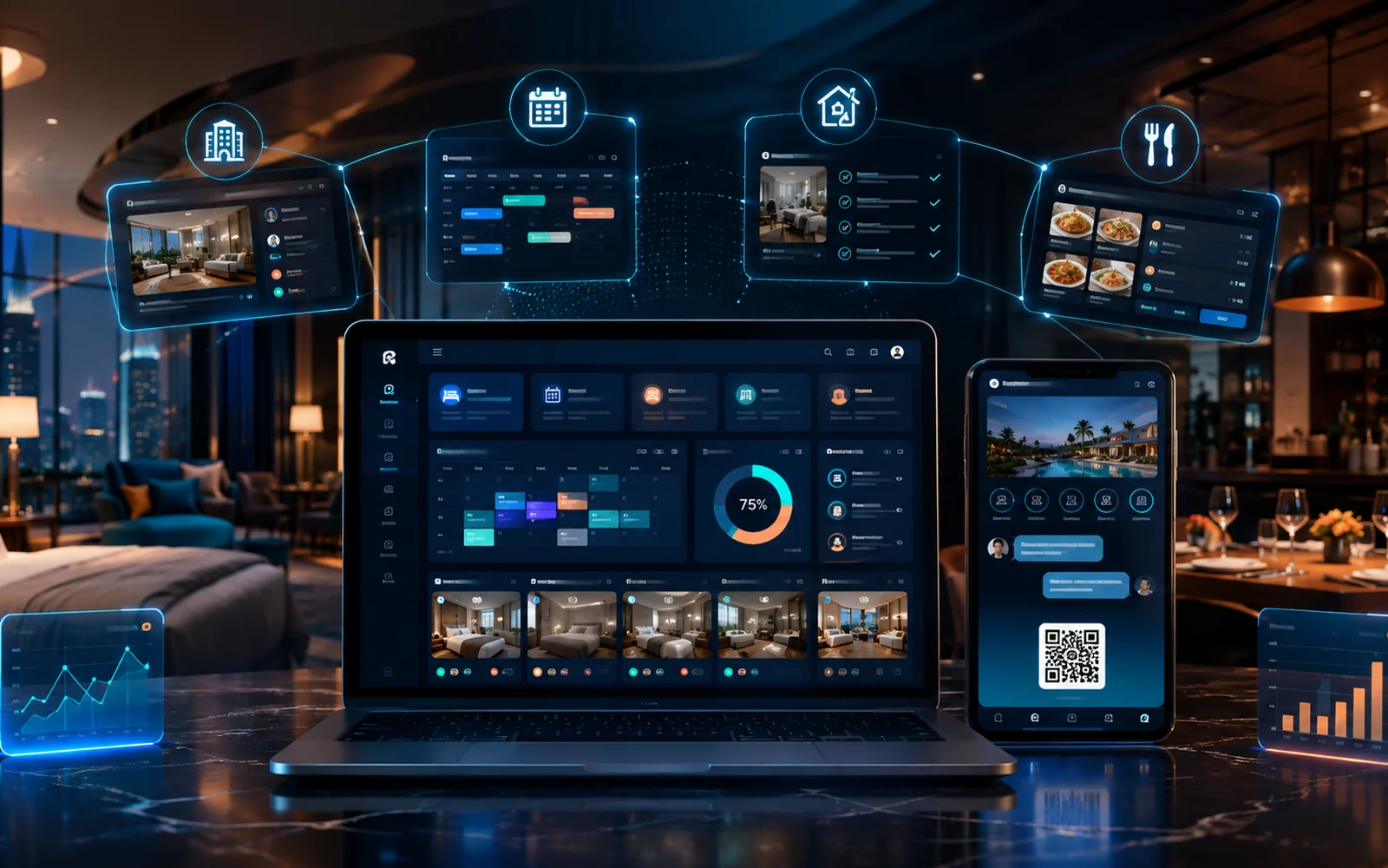 MDS Hotel Cloud hotel management software dashboard on laptop and mobile